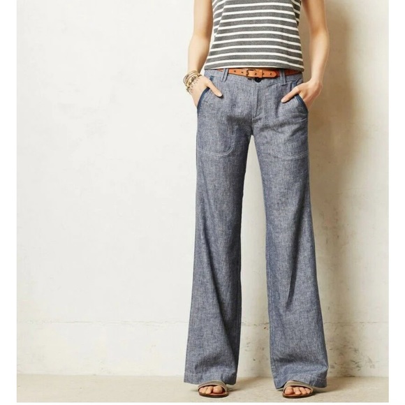Pilcro and the Letterpress Pants - Anthropologie Blue "Pilcro Linen Wide Legs" by Pilcro & the Letterpress